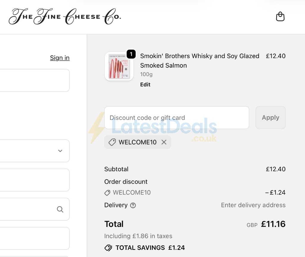 Screenshot of the Finecheese discount code working