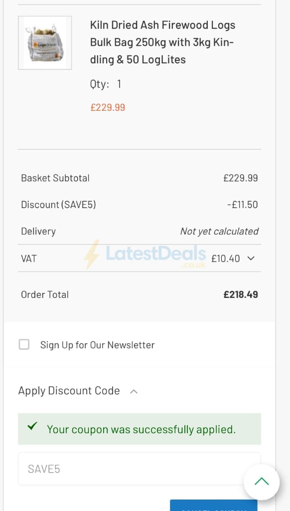 Screenshot of the Logs Online discount code working