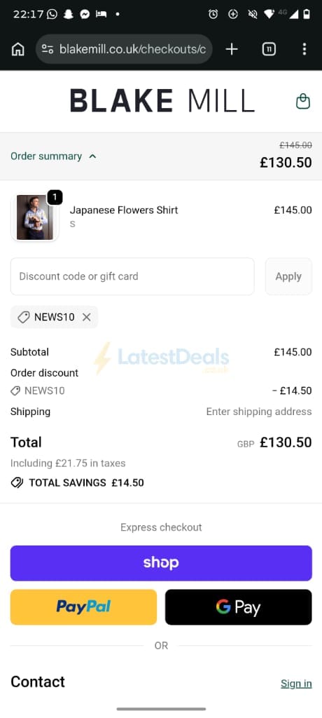 Screenshot of the Blake Mill discount code working