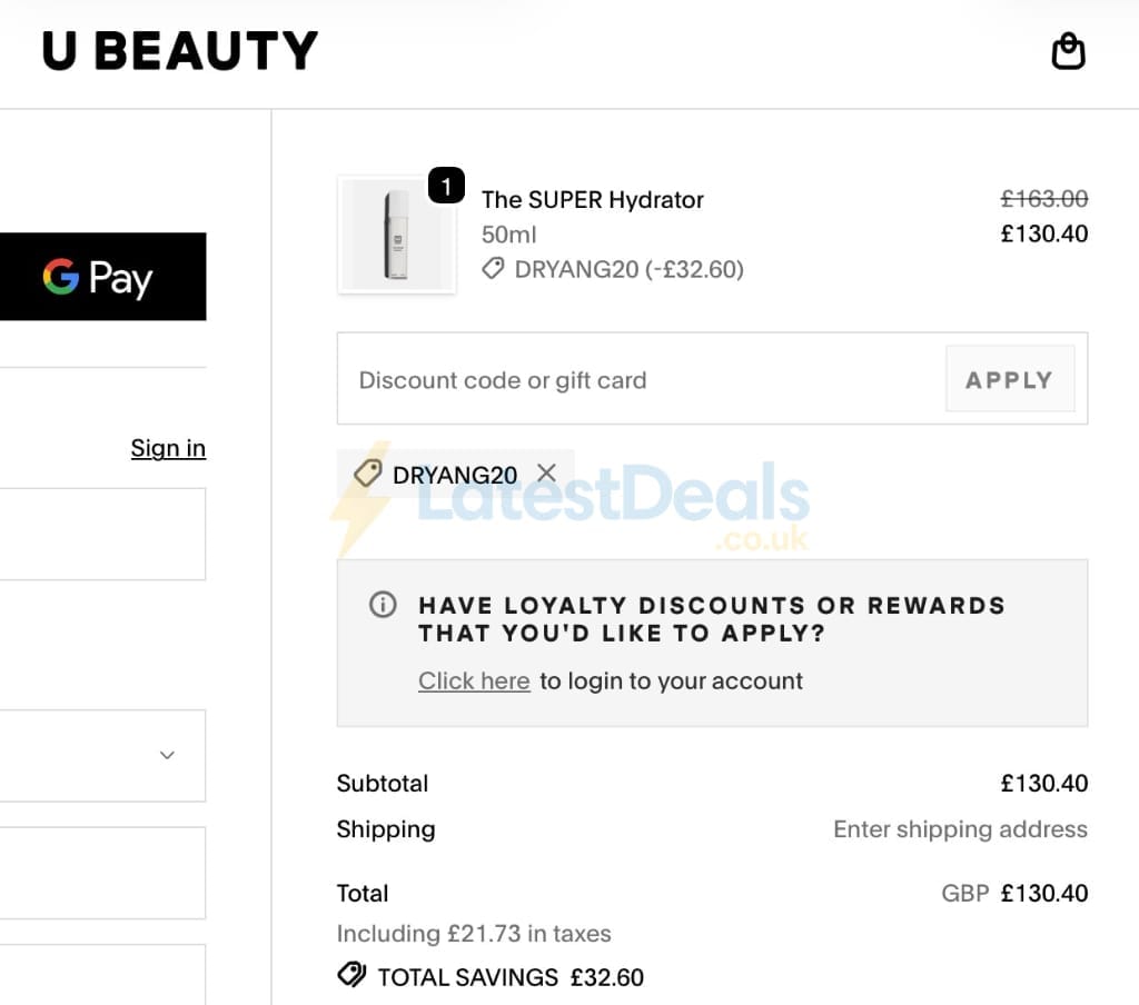 Screenshot of the U Beauty discount code working