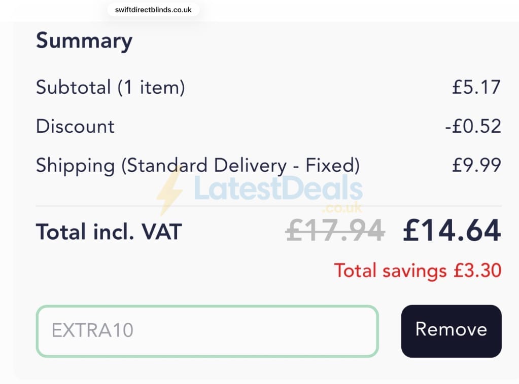 Screenshot of the Swift Direct Blinds discount code working