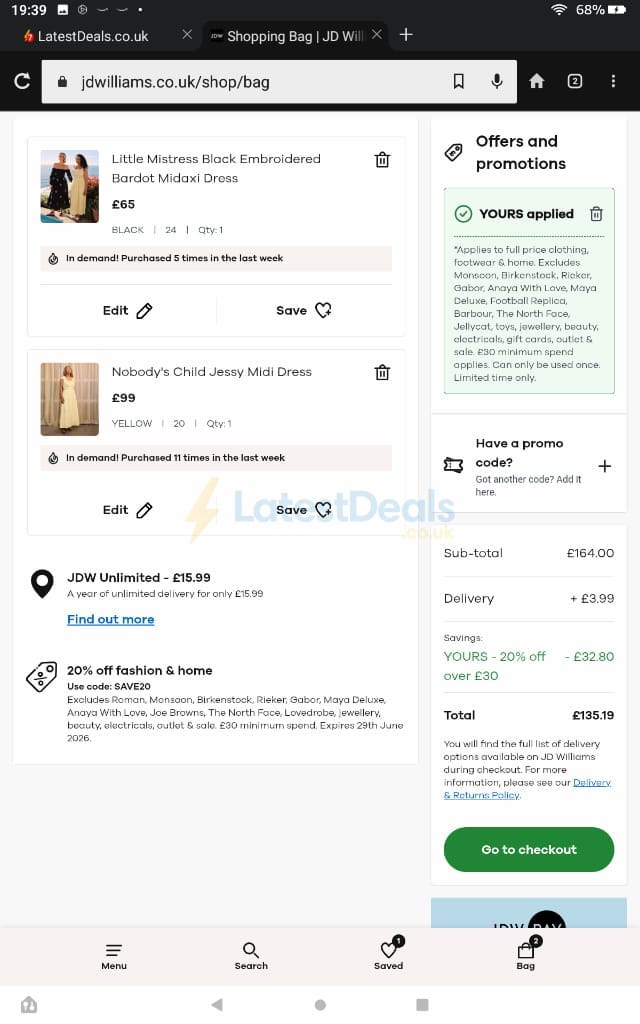 Screenshot of the JD Williams discount code working