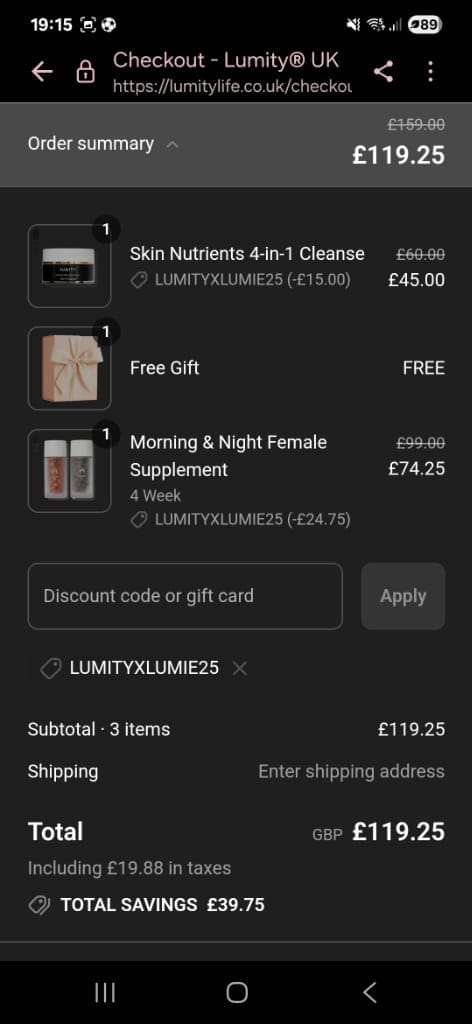 Screenshot of the Lumity discount code working