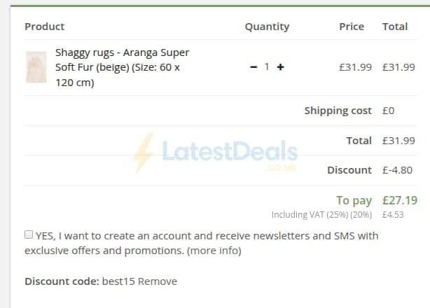 Screenshot of the Trendcarpet discount code working