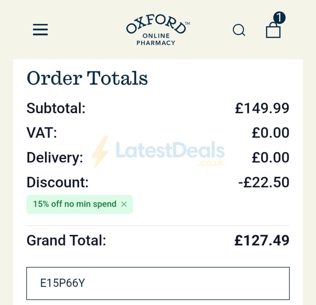 Screenshot of the Oxford Online Pharmacy discount code working