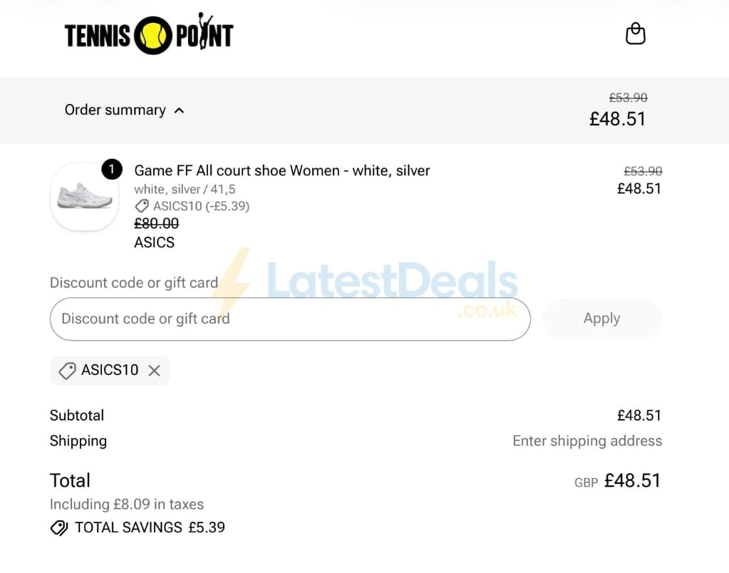 Screenshot of the Tennis Point discount code working