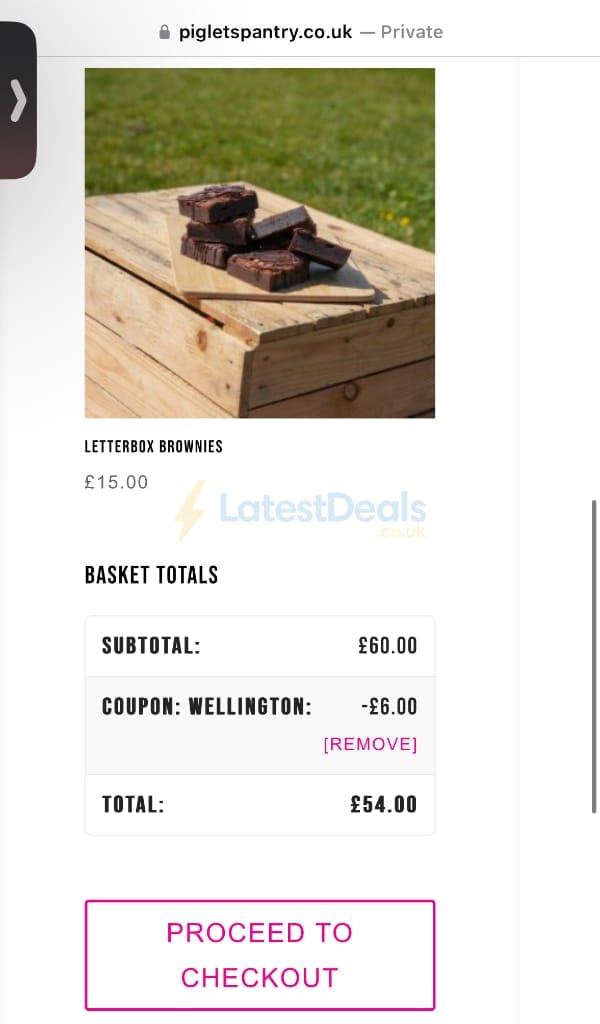 Screenshot of the Piglets Pantry discount code working