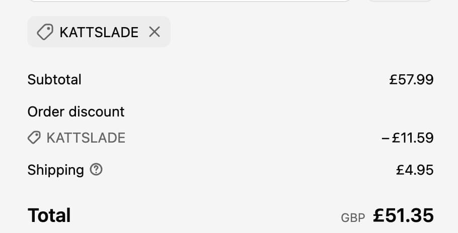 Screenshot of the Kate's Clothing discount code working