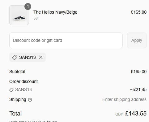 Screenshot of the SANS MATIN discount code working
