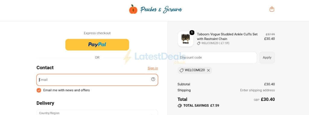 Screenshot of the Peaches and Screams discount code working
