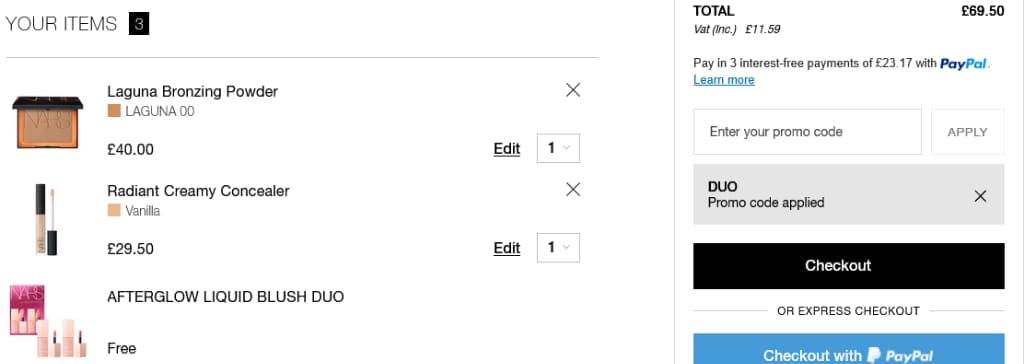Screenshot of the NARS Cosmetics discount code working