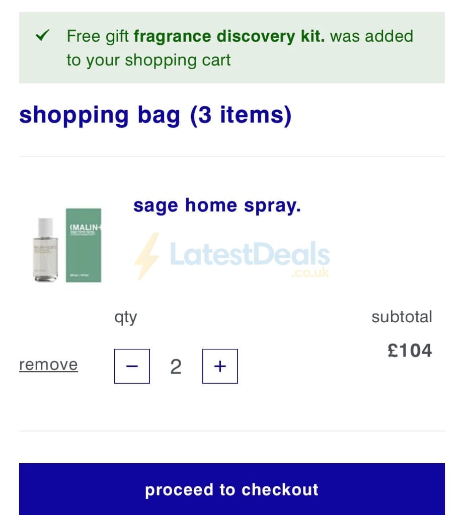 Screenshot of the Malin + Goetz discount code working