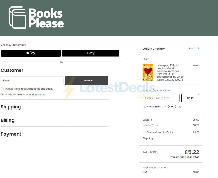 Screenshot of the Books Please discount code working