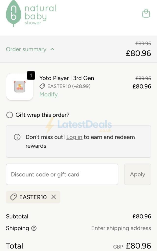 Screenshot of the Natural Baby Shower discount code working