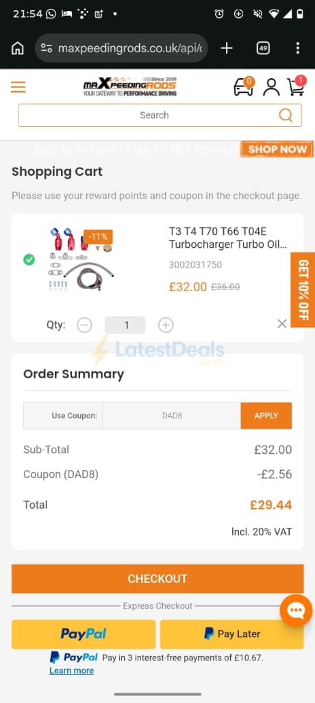 Screenshot of the Maxpeedingrods discount code working