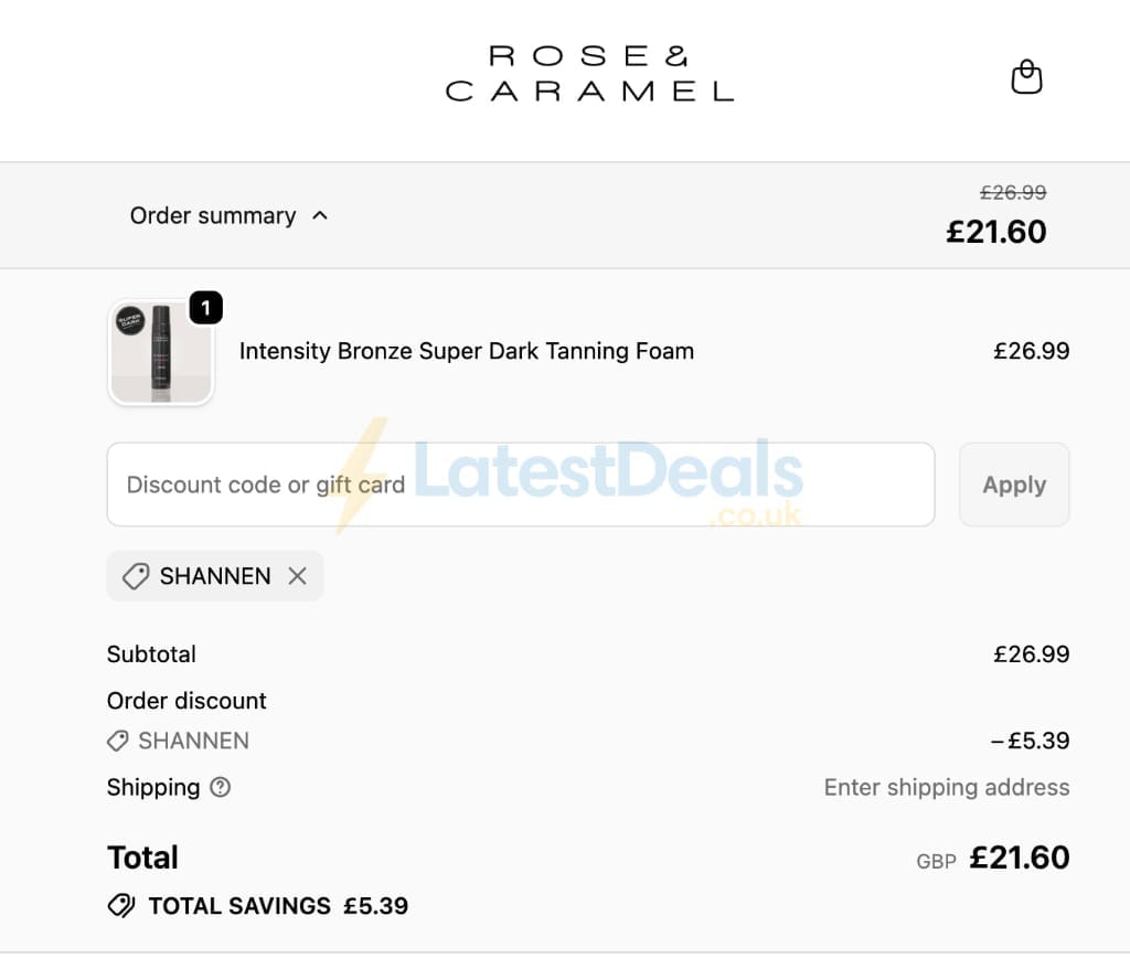 Screenshot of the Rose and Caramel discount code working