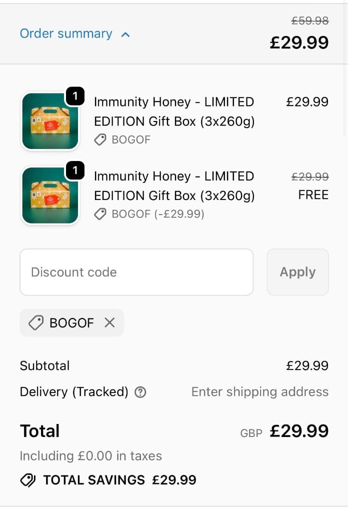 Screenshot of the Just Bee Honey discount code working