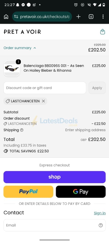 Screenshot of the Pretavoir discount code working