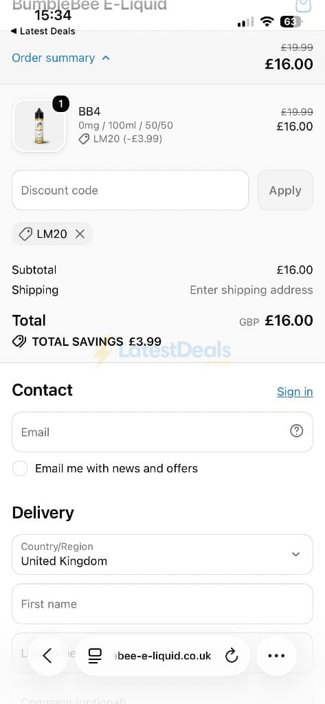 Screenshot of the BumbleBee E-Liquid discount code working