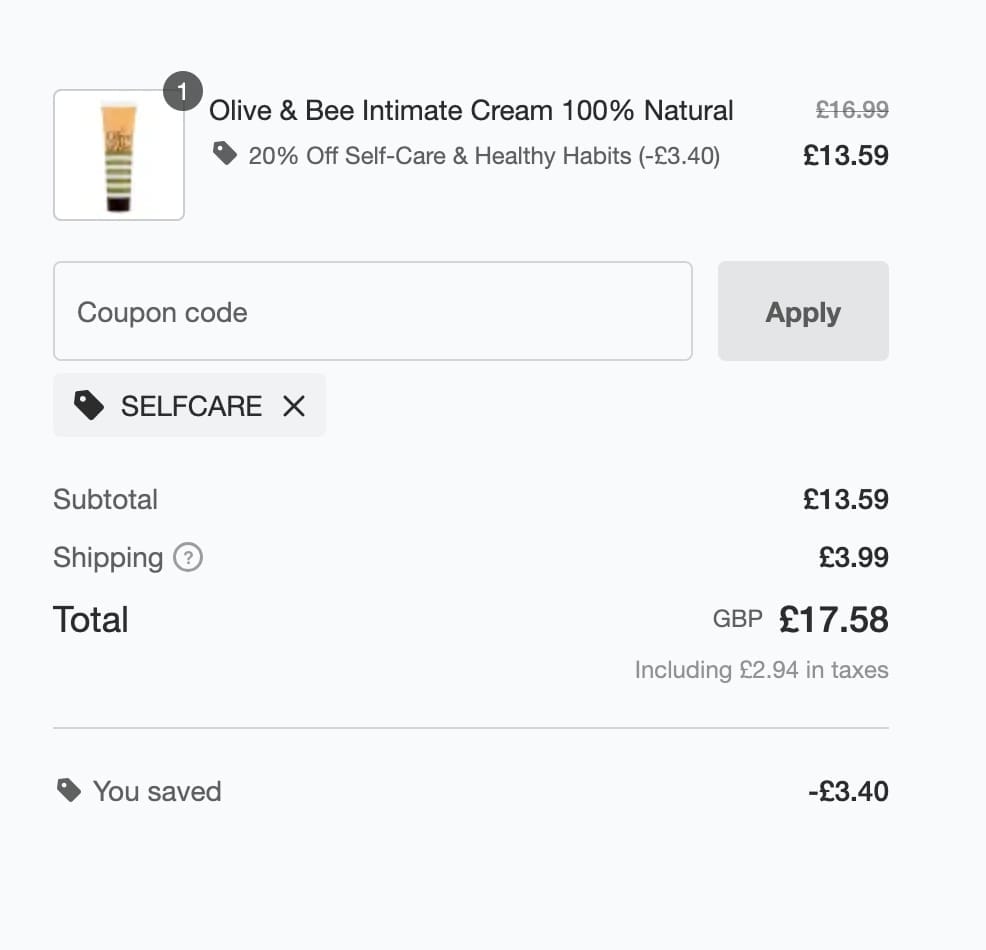 Screenshot of the StressNoMore discount code working