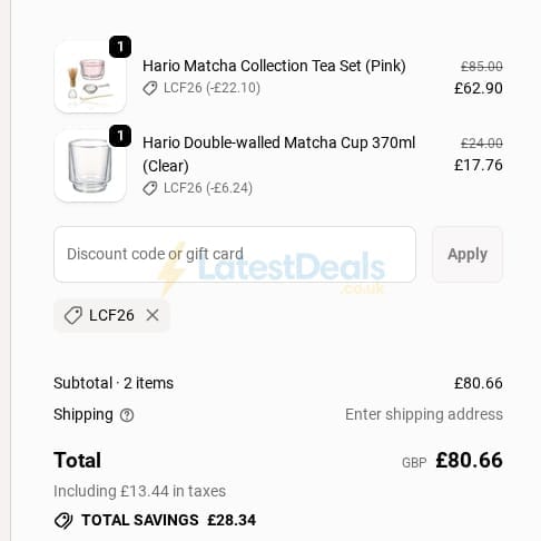 Screenshot of the Hario discount code working