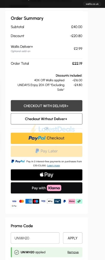 Screenshot of the Wallis discount code working