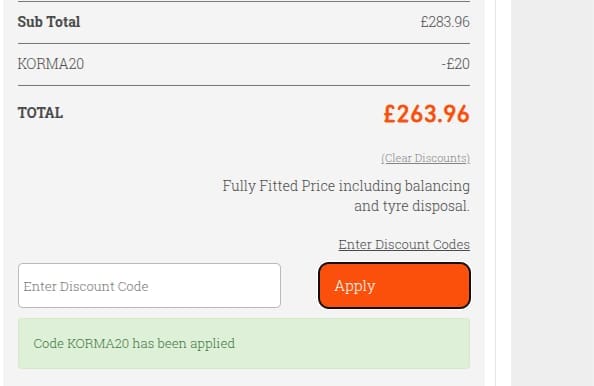 Screenshot of the RAC Tyres discount code working