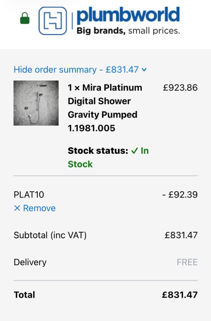 Screenshot of the Plumbworld discount code working