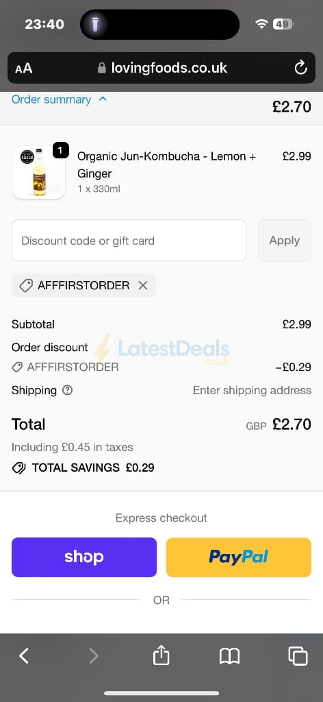 Screenshot of the Loving Foods discount code working