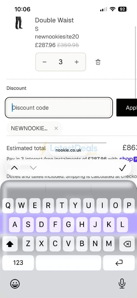 Screenshot of the Nookie discount code working