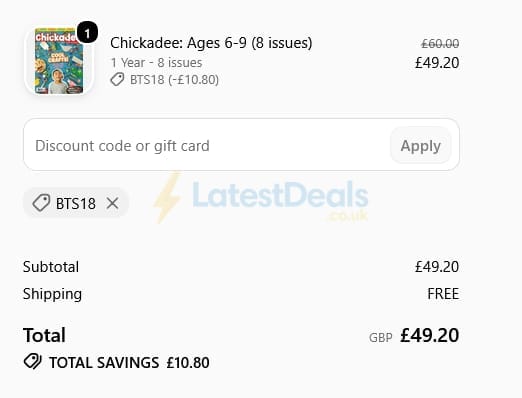 Screenshot of the Bayard Magazines discount code working