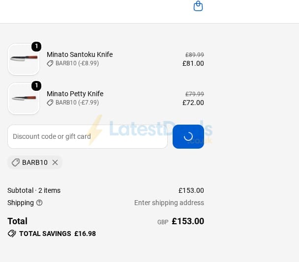 Screenshot of the Santoku Knives discount code working