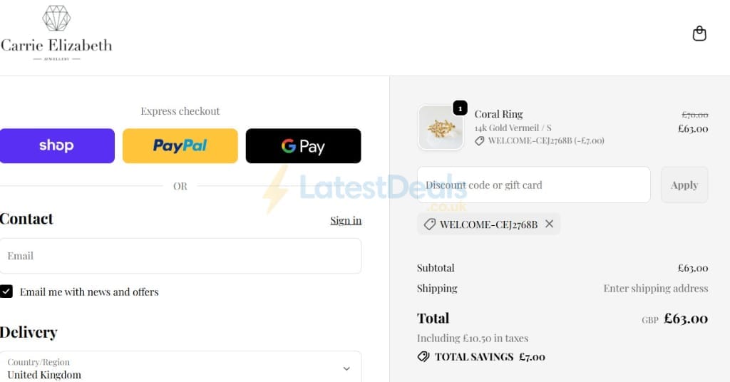 Screenshot of the Carrie Elizabeth discount code working