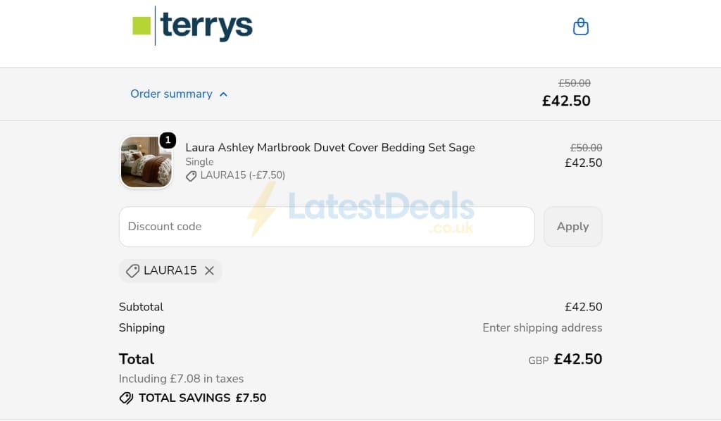 Screenshot of the Terry's Fabrics discount code working