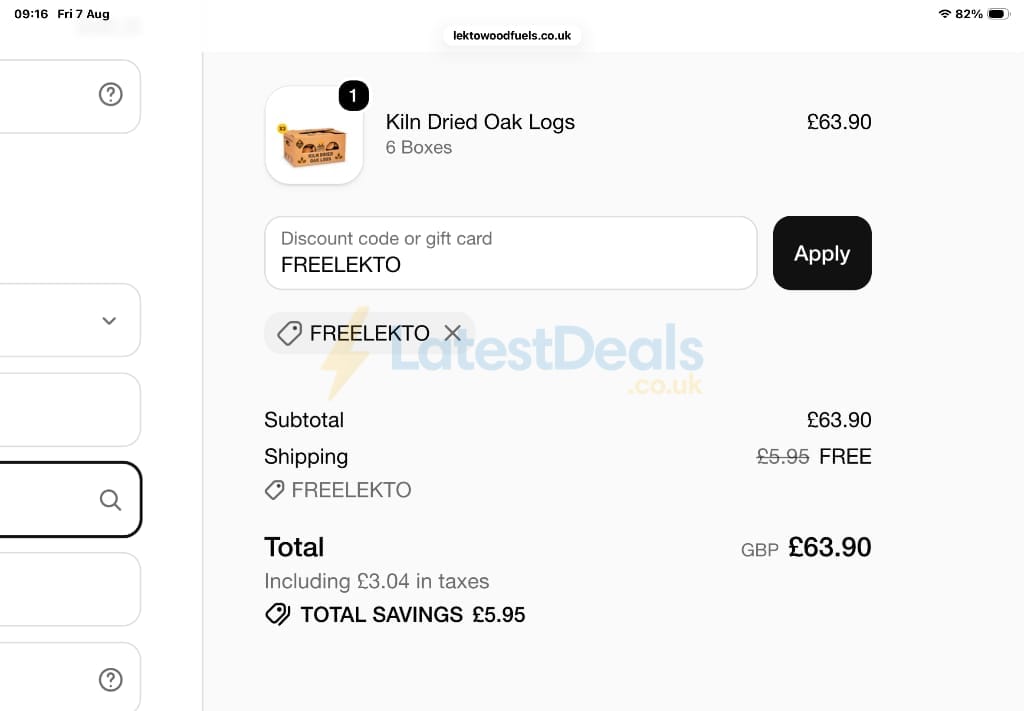 Screenshot of the Lekto Wood Fuels discount code working