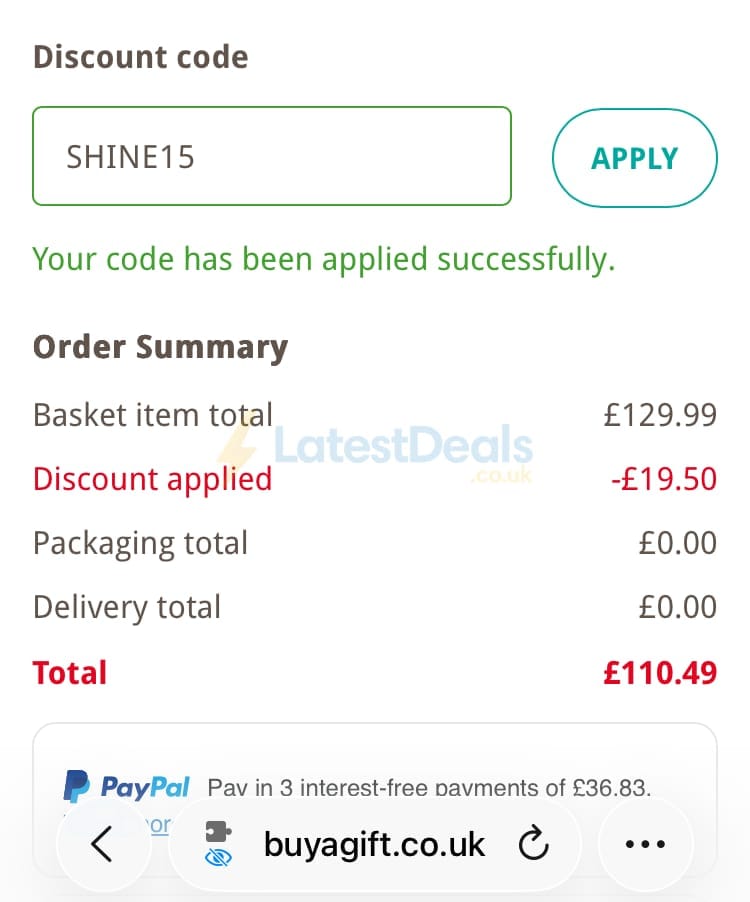 Screenshot of the Buyagift discount code working