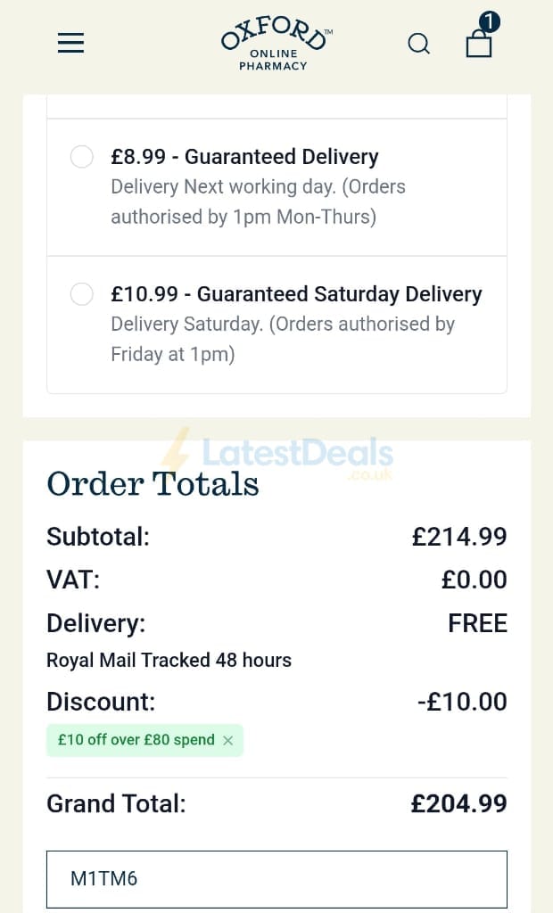 Screenshot of the Oxford Online Pharmacy discount code working