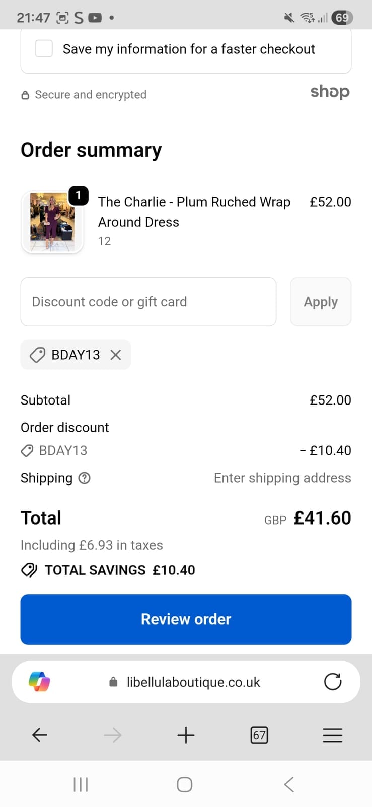 Screenshot of the Libellula Boutique discount code working