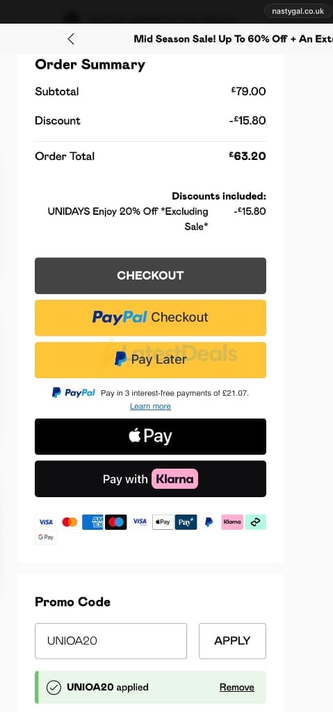 Screenshot of the Nasty Gal discount code working