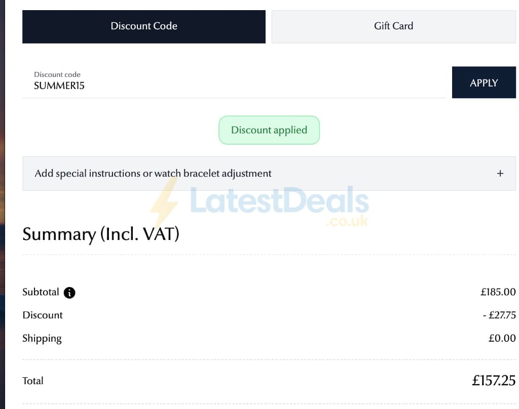 Screenshot of the James Moore Jewellers discount code working
