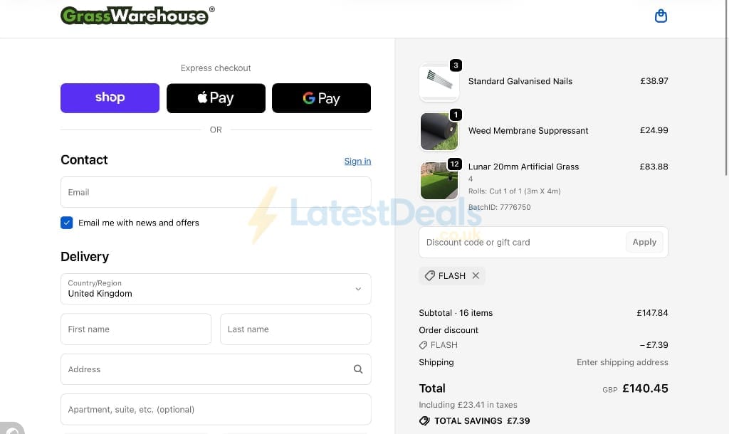 Screenshot of the GrassWarehouse discount code working