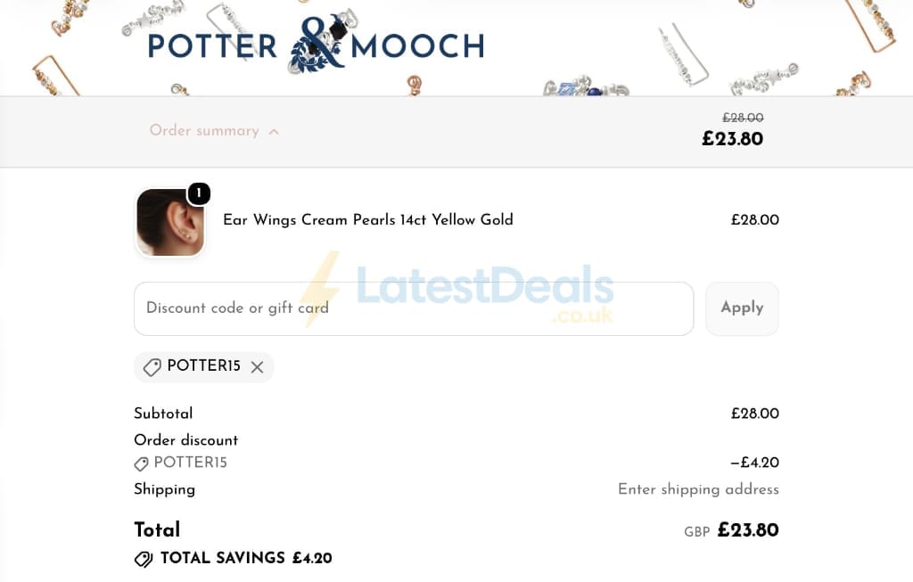 Screenshot of the Potter & Mooch discount code working