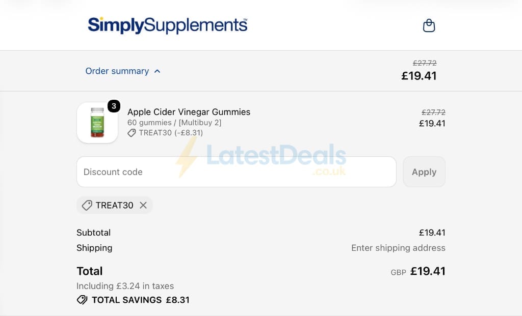 Screenshot of the SimplySupplements discount code working