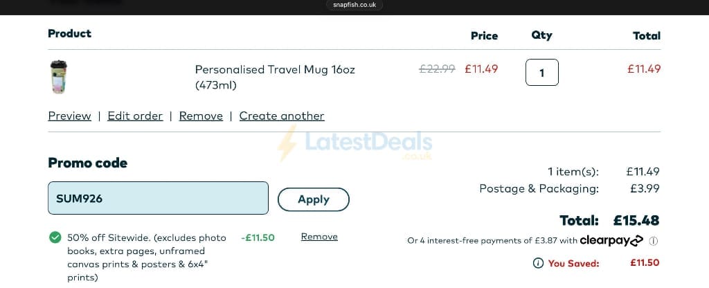 Screenshot of the Snapfish discount code working