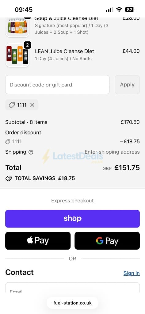Screenshot of the Fuel Station discount code working