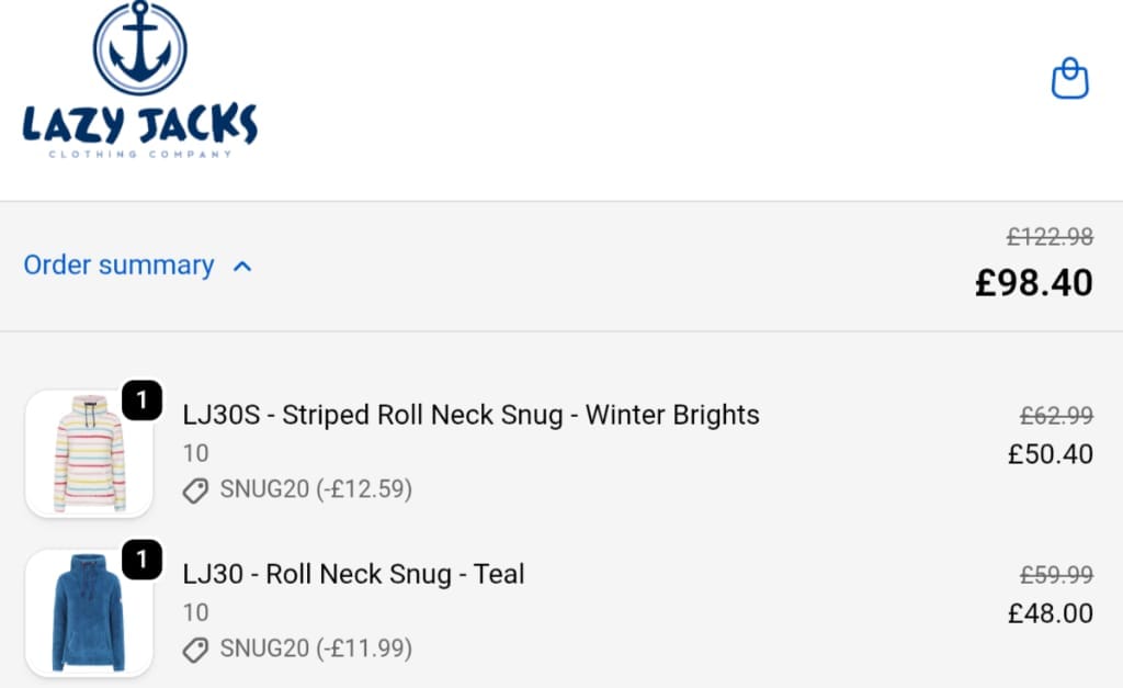Screenshot of the Lazy Jacks discount code working