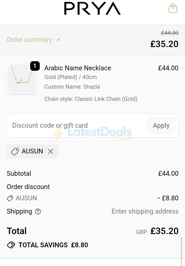 Screenshot of the Prya discount code working