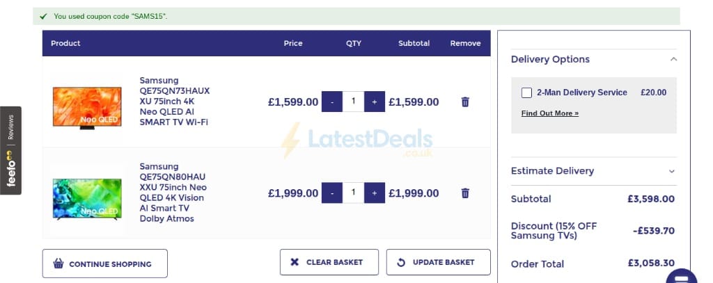 Screenshot of the Electrical Discount UK discount code working