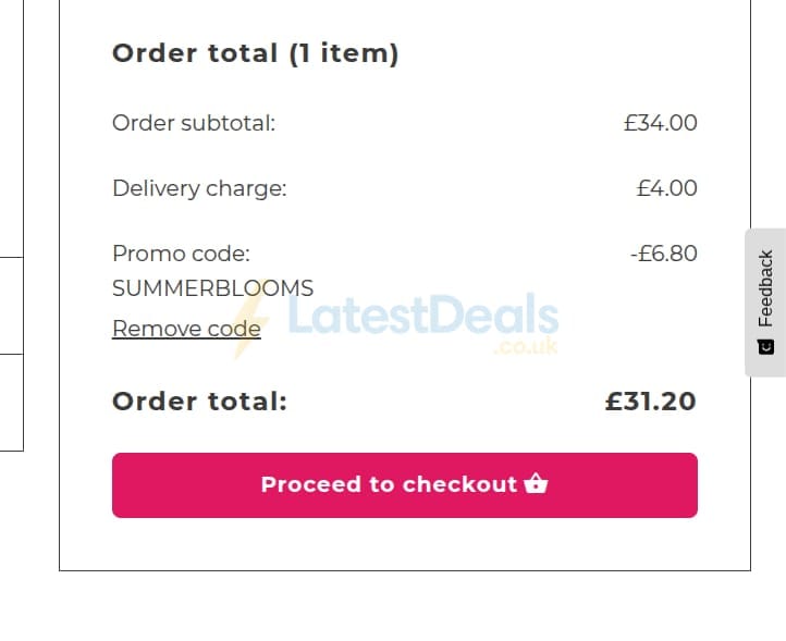 Screenshot of the Flying Flowers discount code working