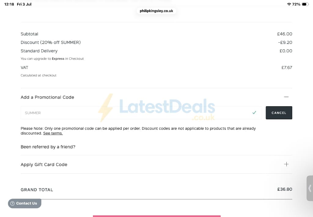 Screenshot of the Philip Kingsley discount code working